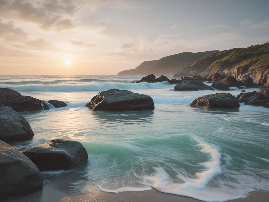 a serene coastal scene with soft jade tones, depicting a