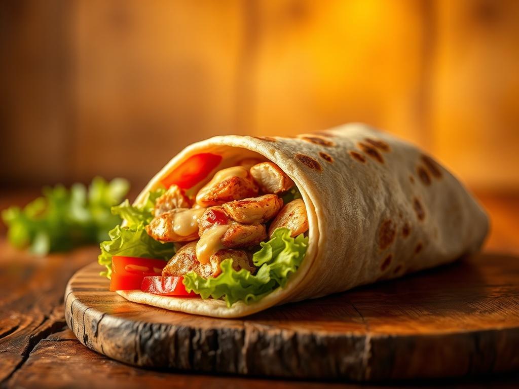 A realistic high-resolution photo of a Chicken Shawarma wrap, showcasing a warm pita filled with juicy grilled chicken, fresh vegetables like lettuce and tomatoes, and a drizzle of garlic sauce. The wrap is placed on a rustic wooden table, with soft golden lighting creating a cozy atmosphere. The background should be simple and blurred to emphasize the wrap as the main subject.