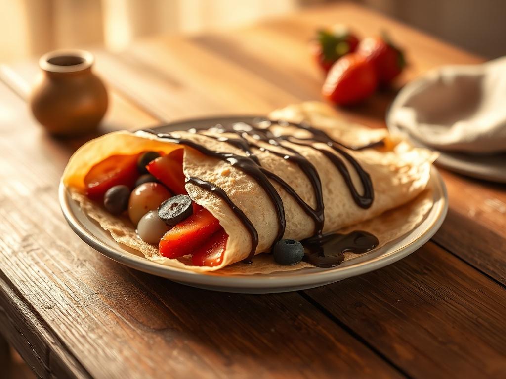 A beautifully presented crepe, filled with fresh fruits and drizzled with chocolate sauce, placed on a rustic wooden table. The background features soft, golden lighting that creates a warm and inviting atmosphere. Delicate shadows enhance the texture of the crepe, while the colors of the fruits pop against the soft hues of the table setting.