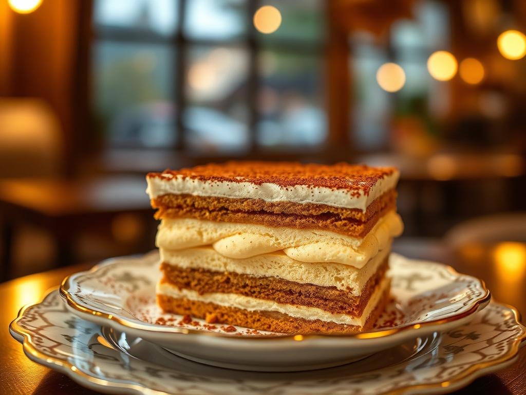 A beautifully presented slice of Tiaramisu on a decorative plate, with a dusting of cocoa powder on top. The background features soft, golden lighting that creates a cozy atmosphere, complemented by a blurred, warm-toned cafe setting. The focus is on the dessert, showcasing its creamy layers and inviting texture.