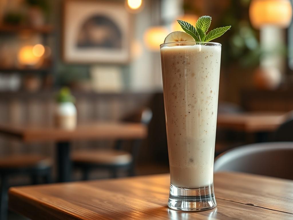 A high-resolution photo of a delicious banana smoothie in a tall glass, topped with a slice of banana and a sprig of mint. The background features a cozy cafe setting with golden hues and soft lighting, creating a serene atmosphere. The smoothie has a creamy texture, and the glass is on a wooden table with subtle reflections.