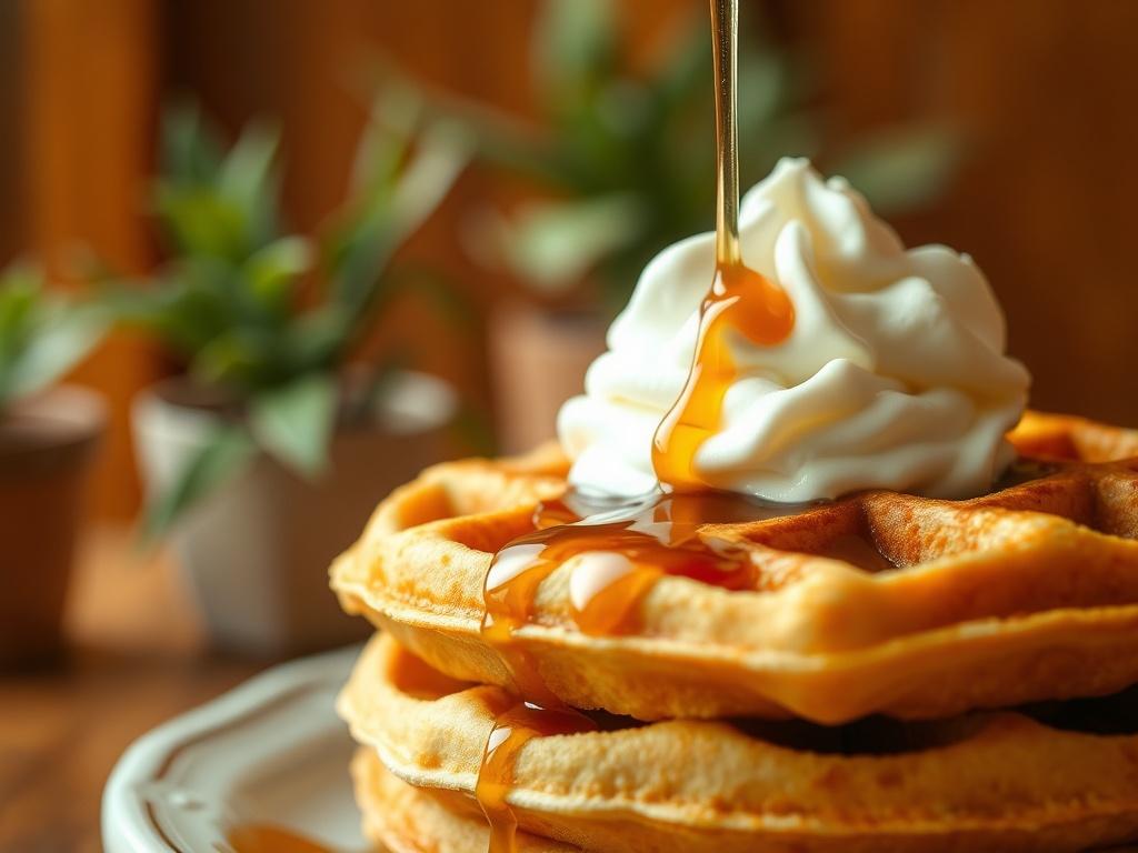 A close-up of a freshly made waffle topped with a generous drizzle of maple syrup and a dollop of whipped cream. The waffle is golden brown, perfectly cooked, and has a crispy texture. In the background, softly blurred warm lighting creates a cozy atmosphere, with hints of greenery from potted plants. The overall image conveys a feeling of comfort and indulgence.