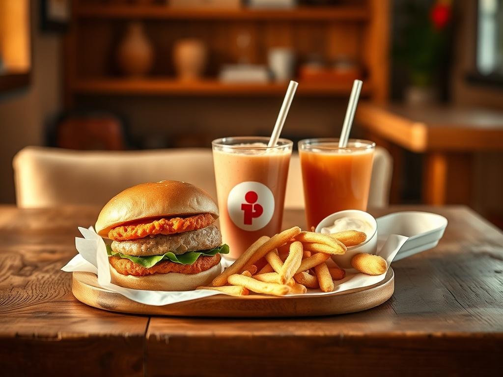 A cozy, high-resolution image of a Kids Meal set on a rustic wooden table. The meal includes a chicken tender burger, a colorful smoothie, and a cheerful toy. The setting has warm golden hues and soft lighting, creating a serene atmosphere. The focus is solely on the meal, with no other distractions in the background.