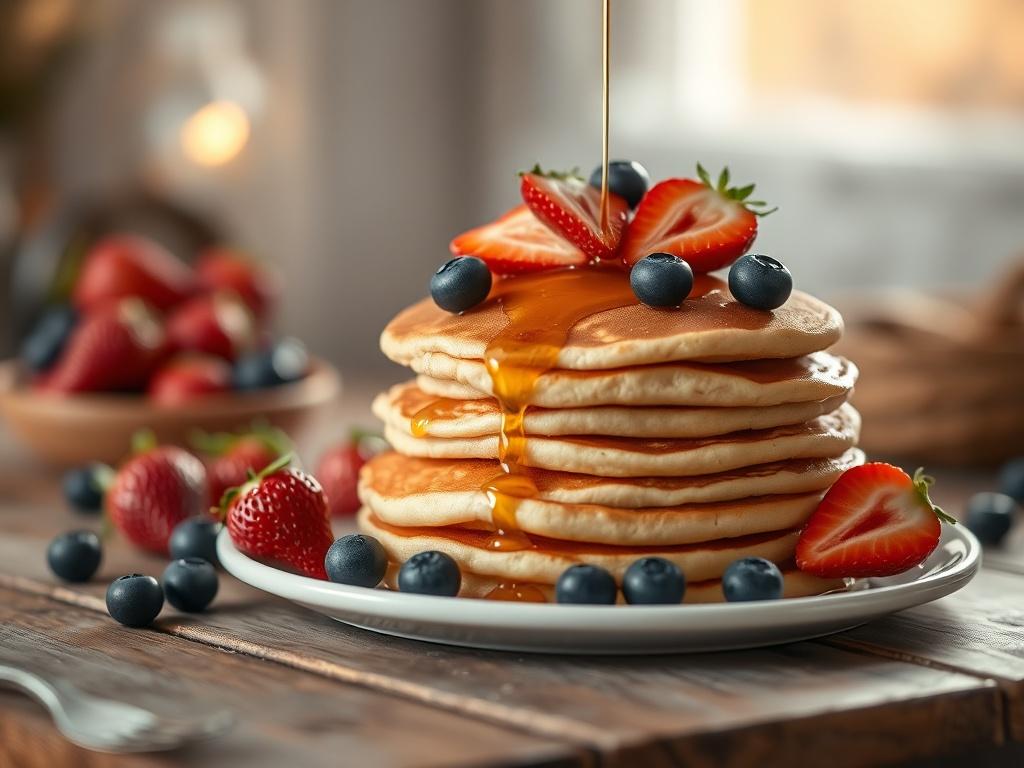 A realistic high-resolution photo of a stack of fluffy pancakes topped with fresh strawberries, blueberries, and a drizzle of maple syrup. The pancakes should be placed on a rustic wooden table, with soft, golden hues and warm lighting creating a cozy atmosphere. The background should be softly blurred to focus on the pancakes, enhancing the inviting and serene vibe.