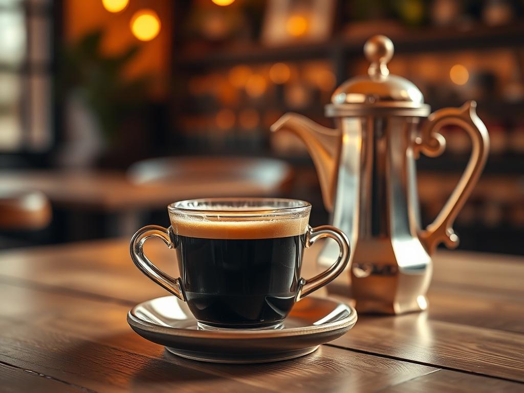 A beautifully crafted cup of Turkish coffee on a wooden table, with a delicate copper coffee pot beside it. The coffee is dark and rich, topped with a foamy layer, and the setting is warm and inviting, with soft golden lighting casting a serene atmosphere. The background features blurred outlines of a cozy café interior, enhancing the focus on the coffee.