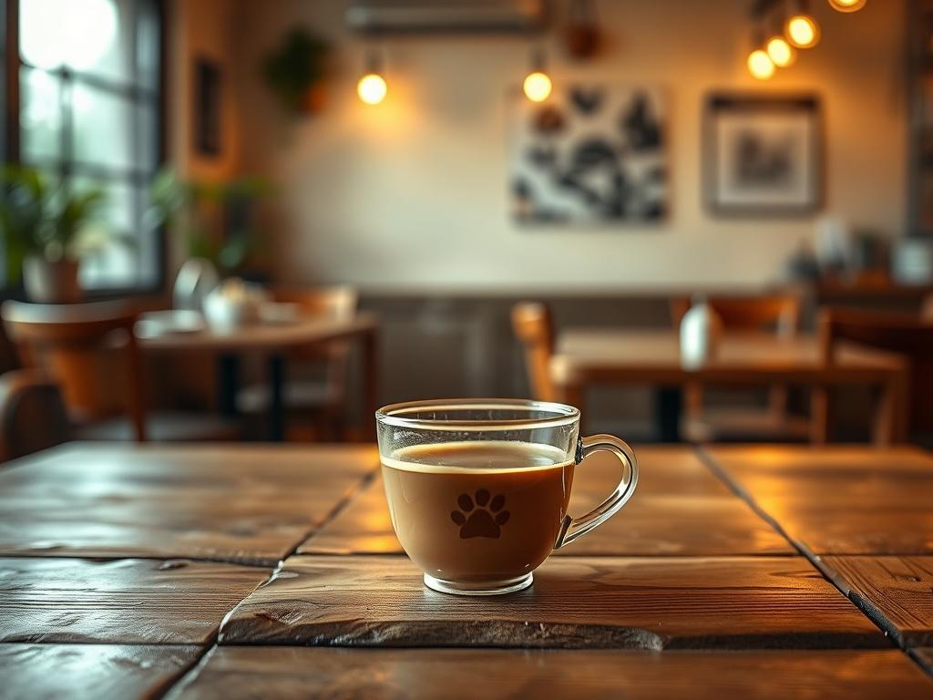 A cozy cafe setting featuring a single cup of steaming coffee placed on a rustic wooden table. The background showcases soft lighting with warm golden hues, creating a serene atmosphere. The focus is on the coffee cup, emphasizing the inviting experience of enjoying a drink in a comfortable environment.