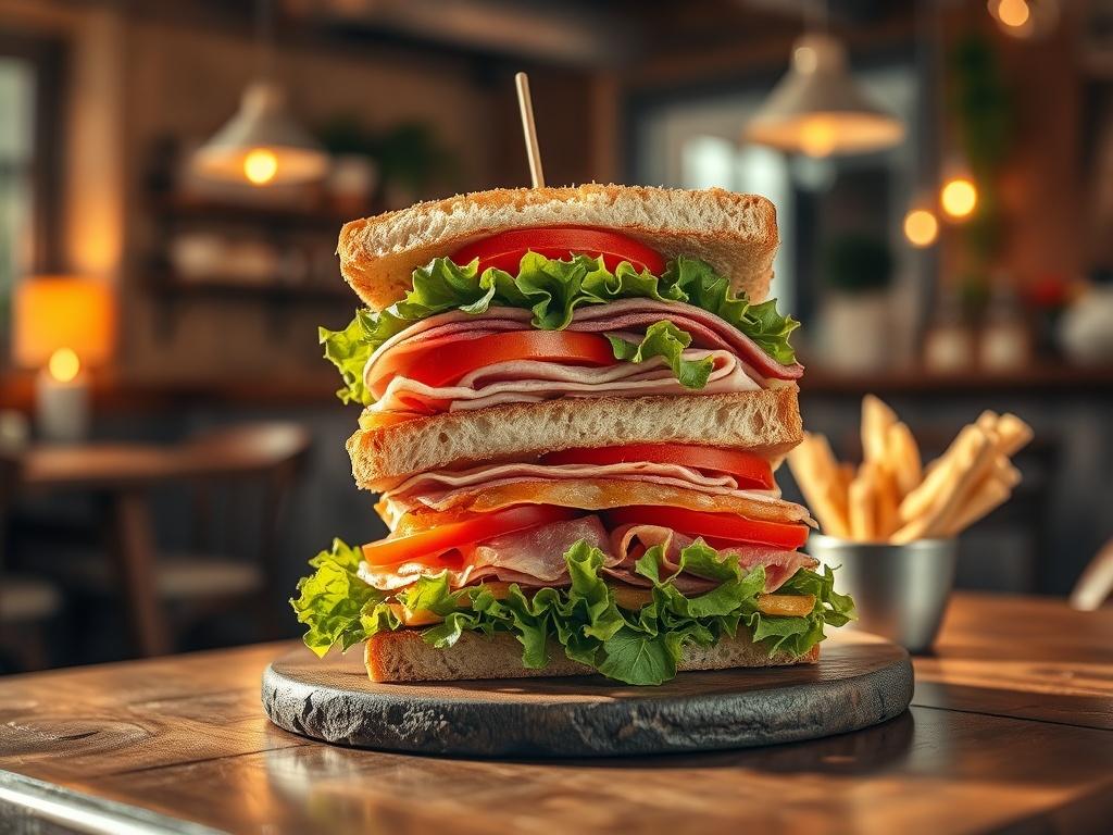 A beautifully arranged gourmet sandwich on a rustic wooden table. The sandwich is stacked high with layers of fresh ingredients like crispy lettuce, juicy tomatoes, and sliced meats. Soft golden lighting creates a cozy atmosphere, highlighting the textures of the bread and fillings. The background features a softly blurred cafe setting with warm hues, capturing a serene and inviting vibe.