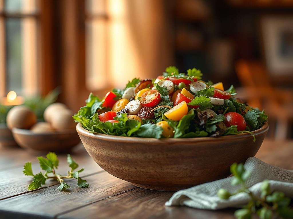 A beautifully arranged salad featuring a mix of fresh greens, colorful vegetables, and vibrant toppings. The salad is served in a rustic bowl, placed on a wooden table. The background is softly blurred to emphasize the salad, with warm, golden lighting creating a cozy atmosphere.