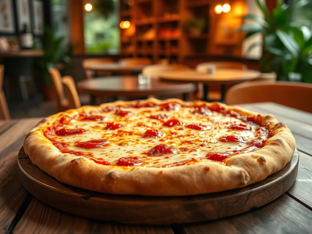 A beautifully crafted Cheese and Sauce Pizza, showcasing a golden-brown crust with bubbling melted cheese and rich tomato sauce. The pizza is placed on a rustic wooden table, with the soft lighting enhancing the warm, inviting atmosphere. The background features a cozy cafe setting with greenery, creating a serene dining experience.