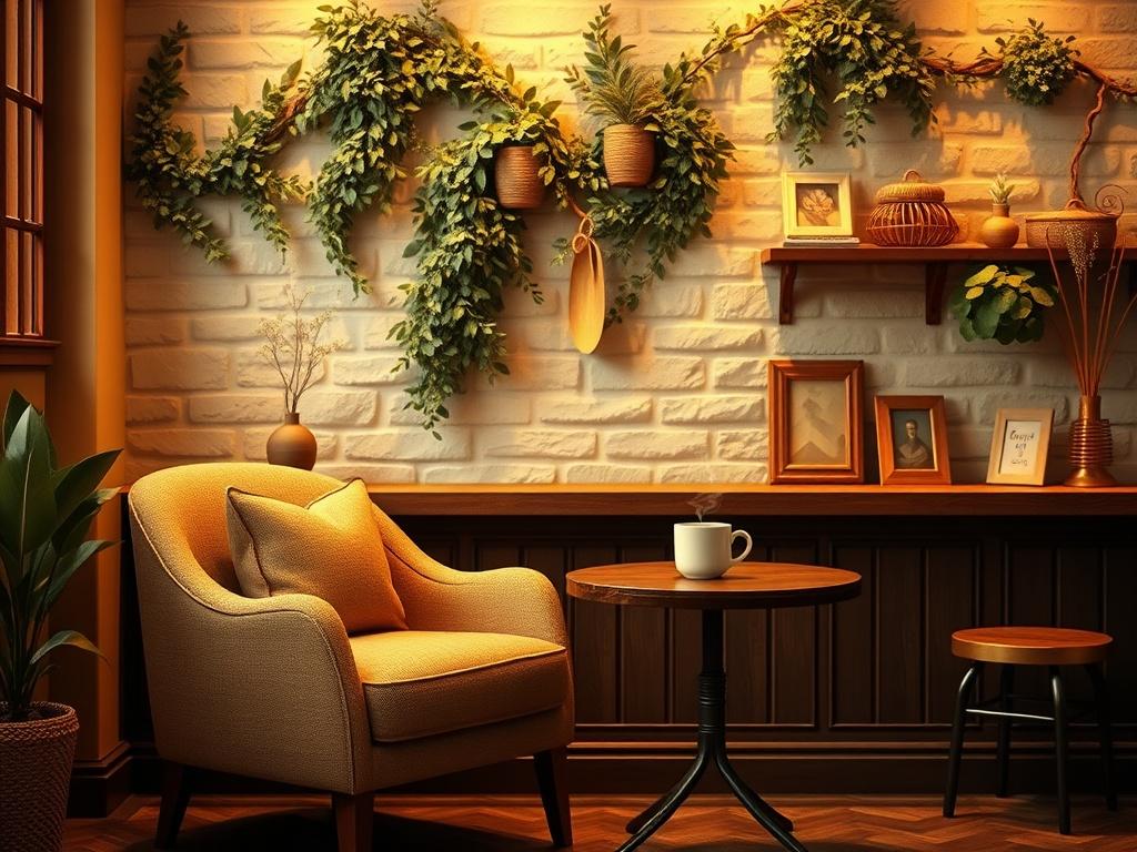 A cozy coffee shop interior with soft golden lighting, featuring a single inviting armchair next to a small circular table with a steaming cup of coffee placed on it. The background showcases a beautiful wall adorned with greenery and warm decor, creating a serene atmosphere perfect for relaxing and enjoying a drink.