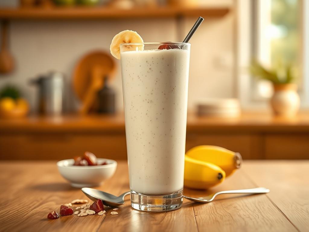 A high-resolution photo of a tall glass of creamy healthy smoothie made with oat milk, ripe banana slices, and chopped dates on a wooden table. The background features a soft, warm kitchen atmosphere with golden hues and soft lighting, creating a cozy and inviting setting. The glass is garnished with a banana slice and a date on the rim, with a spoon beside it, emphasizing freshness and health.