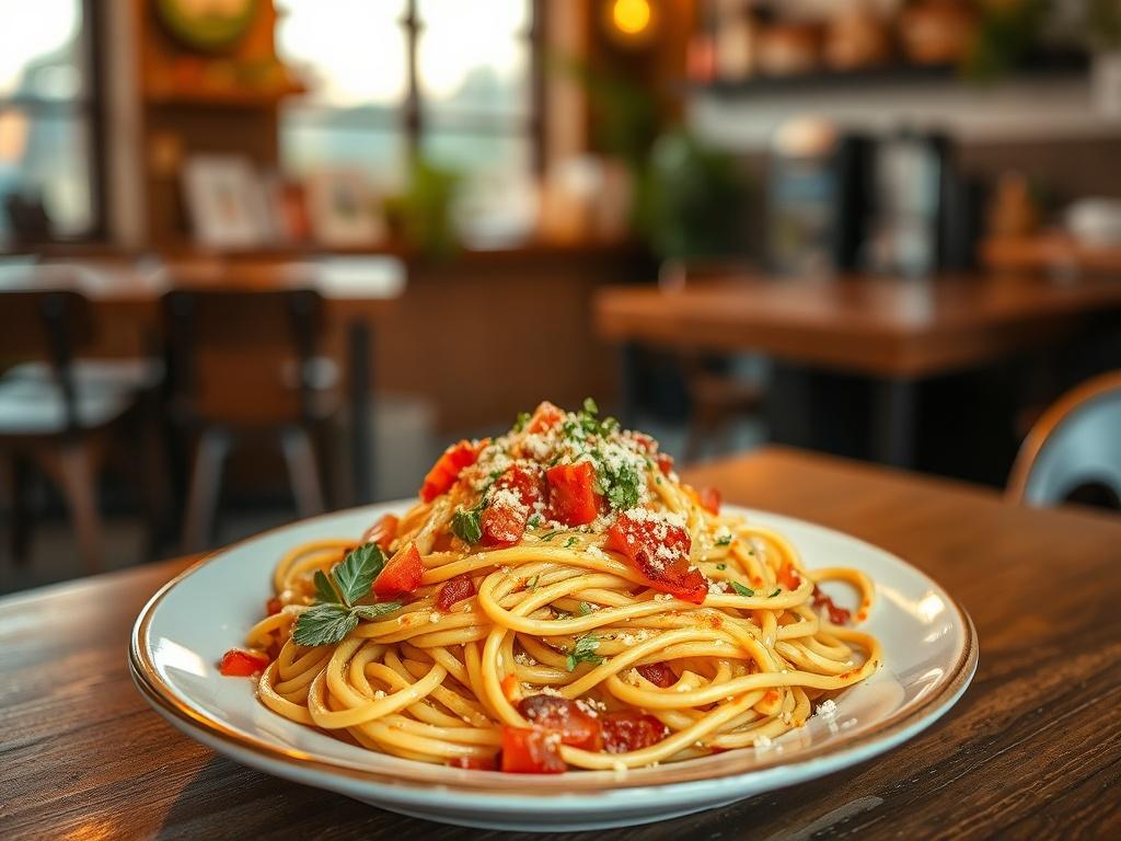 A beautifully plated dish of homemade pasta, featuring vibrant colors and a variety of toppings, set against a warm, cozy café backdrop. Use soft golden lighting to create a serene atmosphere, with the focus on the pasta dish being the central subject. The background should be blurred to emphasize the pasta, showcasing a rustic wooden table and hints of café decor.