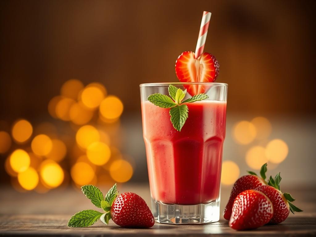 A realistic high-resolution photo of a freshly made strawberry smoothie in a clear glass, garnished with a slice of strawberry and a mint leaf. The background is softly blurred with warm, golden hues and soft lighting, creating a cozy, inviting atmosphere. The focus is on the smoothie, highlighting its vibrant red color and creamy texture.