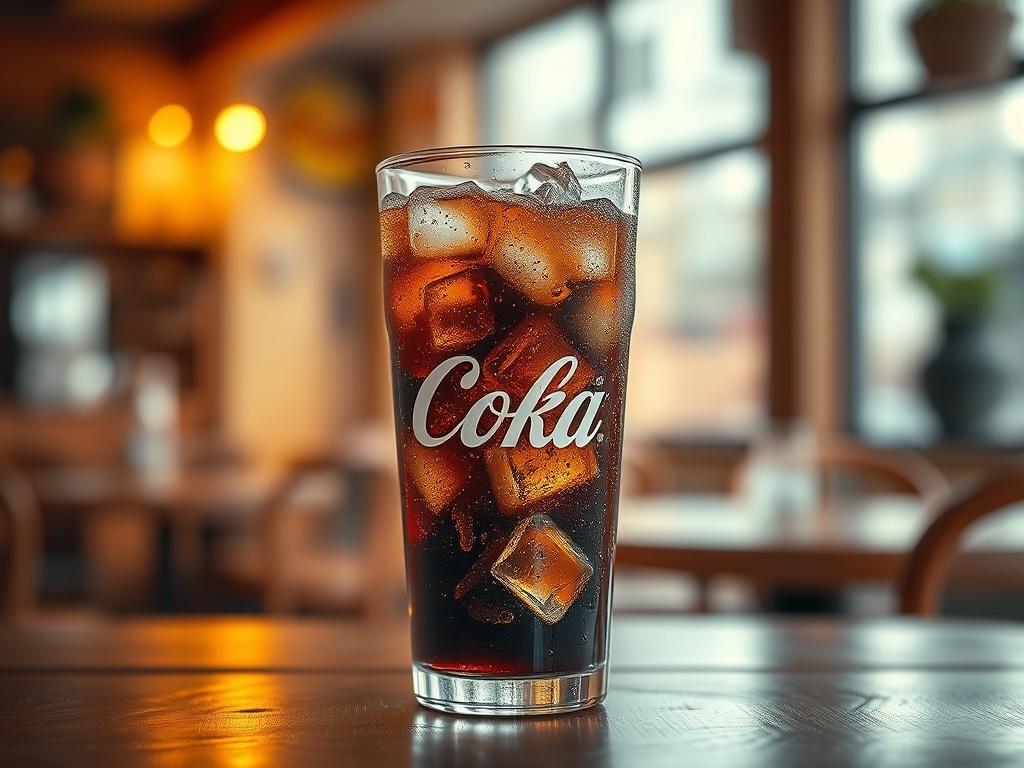 A realistic high-resolution photo of a cold glass of Coke filled with ice cubes, glistening droplets on the outside, placed on a wooden table. The background features a warm, soft-lit cafe environment with cozy golden hues, creating a serene atmosphere. The focus should be solely on the glass of Coke, highlighting its refreshing appearance.