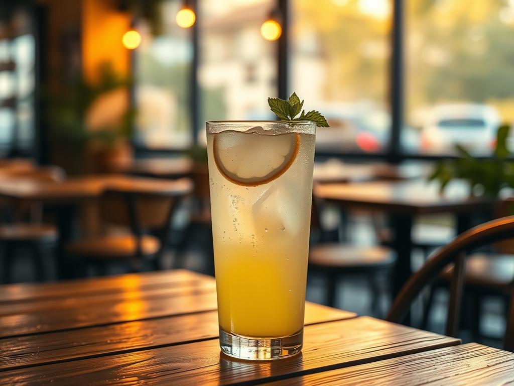 A realistic high-resolution photo of a glass of freshly made lemonade on a wooden table. The lemonade is garnished with a slice of lemon and a sprig of mint. Soft golden lighting creates a warm and inviting atmosphere, with a blurred background of a cozy cafe setting. The colors of the image should evoke a sense of refreshment and calm, compatible with the primary color rgb(50, 170, 39).