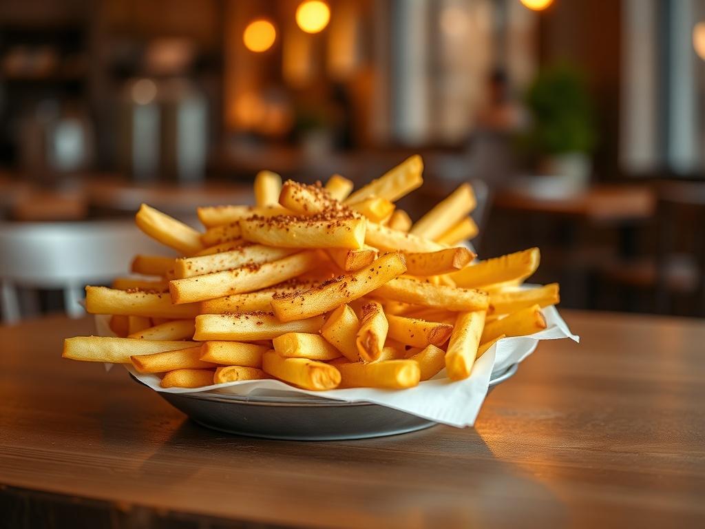 A realistic high-resolution photo of a serving of crispy French fries on a wooden table. The fries are golden brown and perfectly seasoned with BBQ seasoning sprinkled on top. Soft, warm lighting creates a cozy atmosphere, and the background features a blurred cafe setting, enhancing the inviting feel of the image.