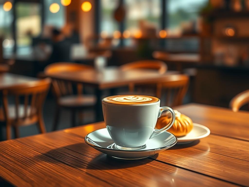 A warm and inviting coffee shop scene featuring a single, beautifully crafted coffee cup on a wooden table. The background showcases cozy, golden hues with soft lighting, creating a serene atmosphere. The coffee cup is topped with intricate latte art, and a small plate with a delicious pastry is positioned beside it. The setting emphasizes comfort and relaxation, perfect for a cafe experience.