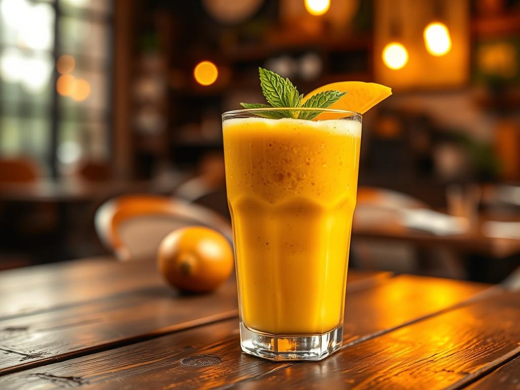 A high-resolution image of a refreshing mango smoothie in a clear glass, placed on a rustic wooden table. The smoothie is garnished with a slice of fresh mango and a sprig of mint, with a soft golden hue lighting the scene. The background features a blurred cafe ambiance, creating a cozy and inviting atmosphere.