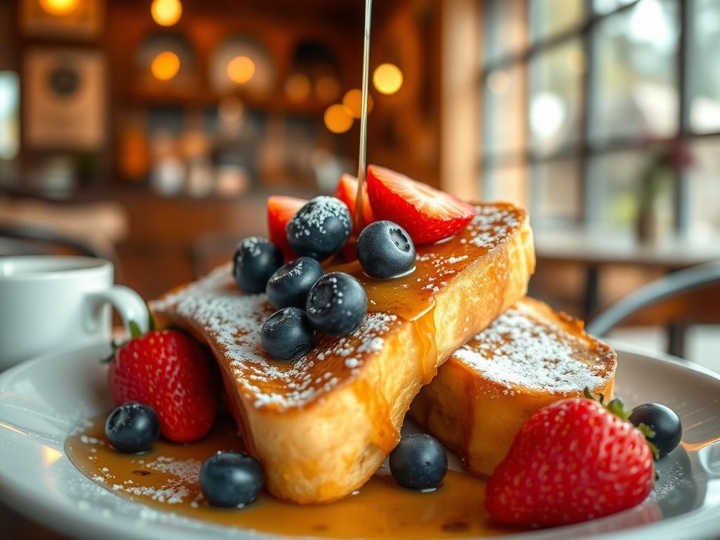 A beautifully plated French toast dish featuring thick slices of golden-brown toast, garnished with fresh strawberries and blueberries, topped with a light dusting of powdered sugar and a drizzle of maple syrup. The background should be a cozy cafe setting with soft, golden lighting and a serene atmosphere, focusing solely on the French toast as the main subject.