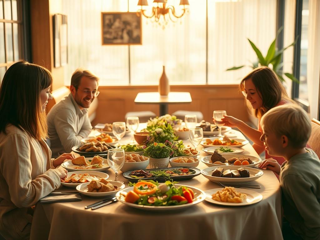 A beautifully arranged table set for a family gathering, featuring a variety of appetizing dishes such as salads, main courses, and desserts. Soft golden lighting illuminates the setting, creating a warm and inviting atmosphere. The background should include a cozy cafe interior with wooden elements and comfortable seating, enhancing the feeling of togetherness. The focus should be on the vibrant food presentation, showcasing the abundance of flavors available in the Family Pack.