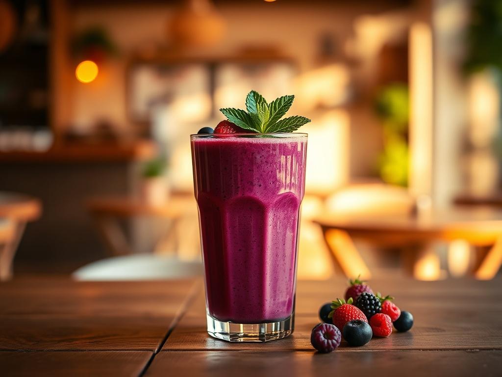 A realistic high-resolution photo of a Berry Smoothie in a clear glass placed on a wooden table. The smoothie is vibrant purple, topped with fresh berries and a sprig of mint. Soft, golden lighting illuminates the scene, creating a cozy atmosphere. The background is softly blurred, featuring a serene cafe setting with warm colors.