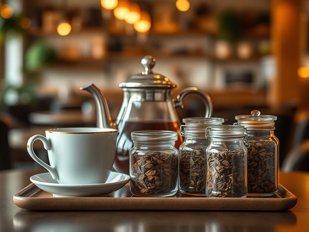 A beautifully arranged tea set featuring a teapot, two teacups, and a selection of loose leaf teas displayed in clear glass jars. The scene is softly lit with warm, golden hues, creating a serene and inviting atmosphere. The background is a blurred, cozy cafe setting, enhancing the focus on the tea set.