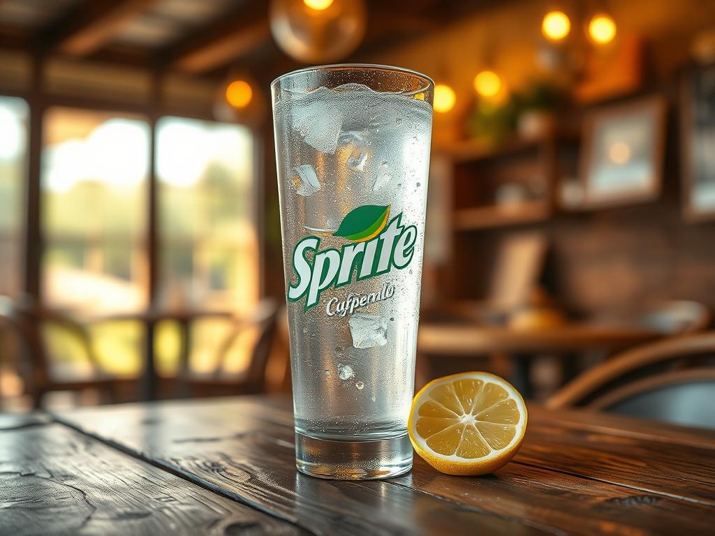 A high-resolution image of a chilled Sprite beverage in a clear glass, with condensation on the outside, sitting on a rustic wooden table. The background features a cozy cafe atmosphere with soft golden lighting, creating a serene ambiance. Include a few lemon and lime slices beside the glass to highlight the refreshing nature of the drink.