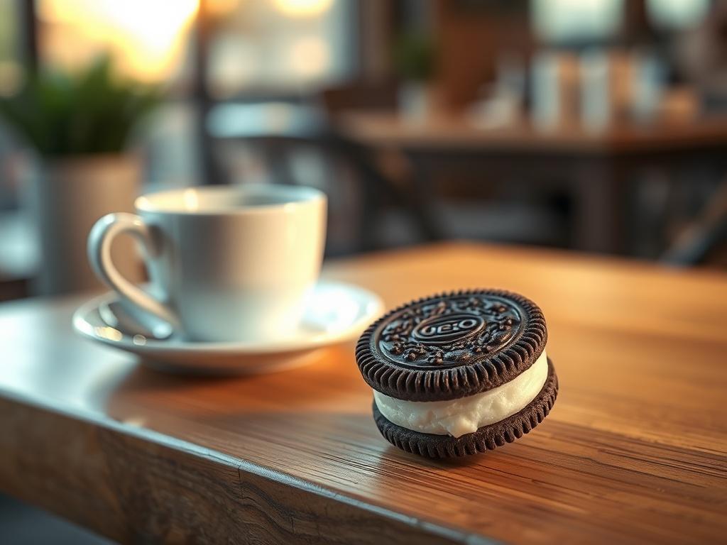 A realistic high-resolution photo of a beautifully arranged Oreo cookie on a cozy wooden table. The cookie should be the main focus, showcasing its creamy filling and distinctive design. Soft, golden lighting should illuminate the scene, creating a warm and inviting atmosphere. In the background, blurred elements of a serene cafe setting can be seen, enhancing the overall cozy vibe.