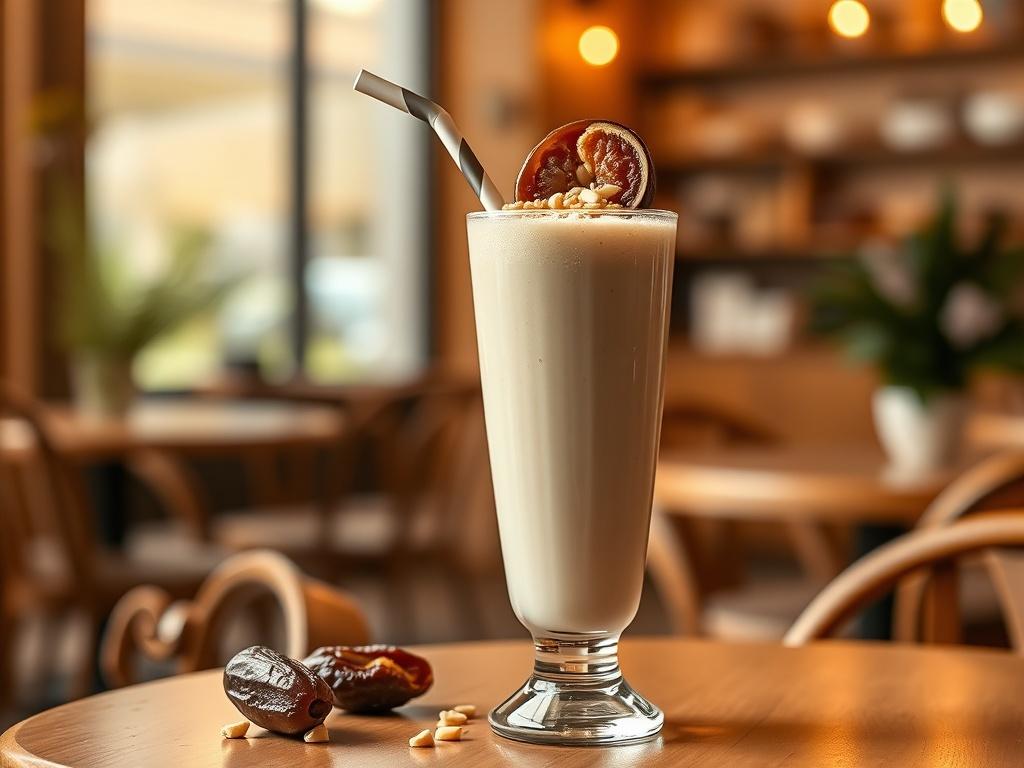 A high-resolution photo of a creamy date milkshake served in a tall glass with a straw. The milkshake should have a smooth texture, topped with a sprinkle of crushed nuts and a slice of date on the rim. The background should feature a cozy cafe setting with warm golden hues and soft lighting, creating a serene atmosphere. The focus should be solely on the milkshake, showcasing its rich color and inviting appeal.