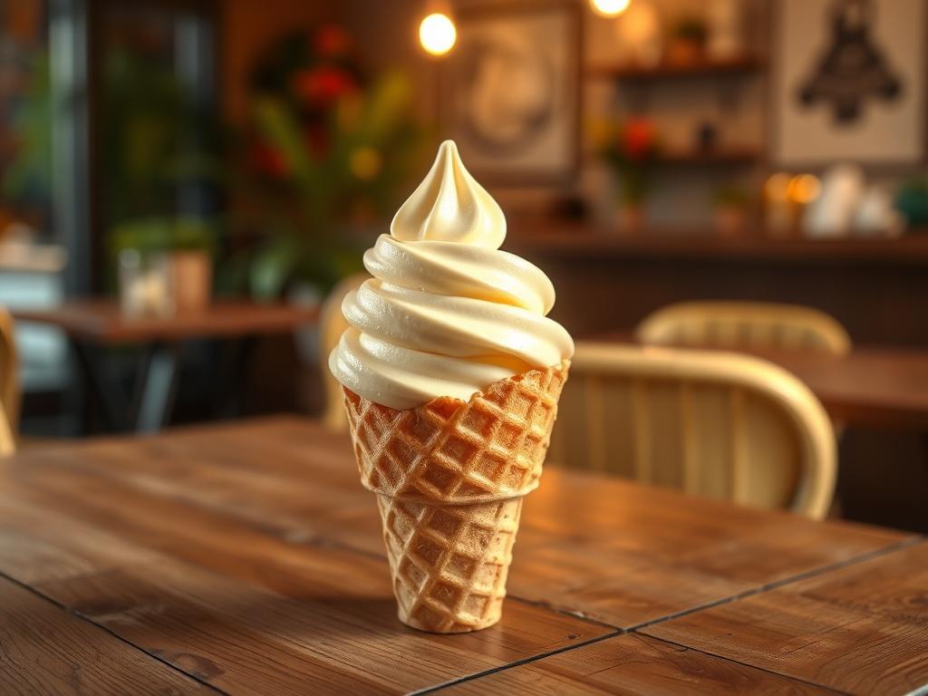 A single scoop of creamy vanilla ice cream sitting in a stylish waffle cone, placed on a rustic wooden table. The ice cream should have a smooth texture, with a slight glossy sheen, showcasing its freshness. Soft, golden lighting creates a warm and inviting atmosphere, with a blurred background of a cozy cafe setting, featuring hints of greenery and warm colors to enhance the serene vibe.