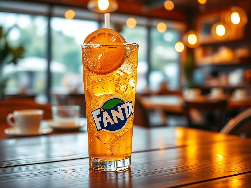 A high-resolution image of a refreshing glass of Fanta, filled with vibrant orange soda and ice cubes, garnished with an orange slice. The glass sits on a wooden table in a cozy cafe setting, with soft golden lighting that creates a warm and inviting atmosphere. In the background, there are blurred images of coffee cups and pastries, enhancing the cafe vibe. The colors in the image should harmonize with the primary color rgb(50, 170, 39), creating a serene and welcoming scene.