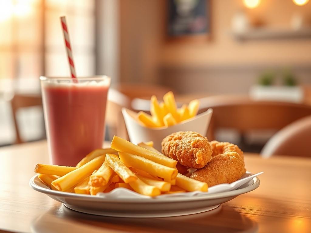 A cozy, inviting scene featuring a plate of crispy French fries and golden chicken nuggets, accompanied by a colorful smoothie in a fun cup. The background should be softly lit with warm golden hues, creating a serene and friendly atmosphere. The focus should be on the vibrant colors of the food, showcasing the appeal to children. The setting should feel welcoming, with a hint of a cafe environment in the background.