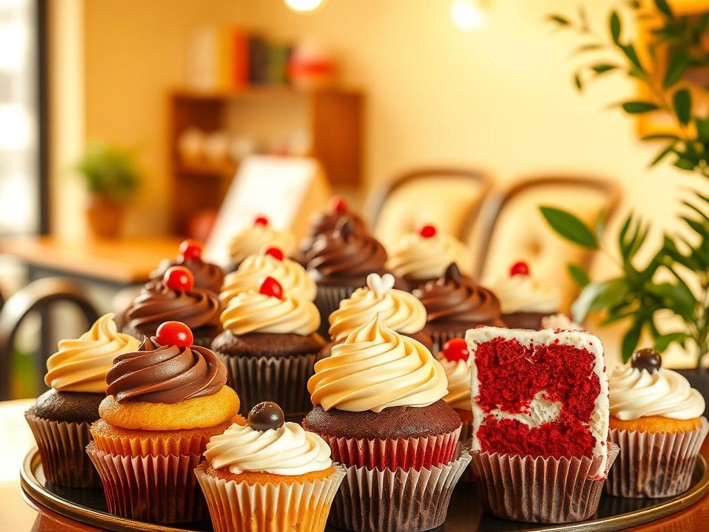 A beautifully arranged display of various cupcakes in a cozy cafe setting. The cupcakes are vibrant, with intricate decorations, showcasing different flavors like chocolate, vanilla, and red velvet. The background features soft lighting and warm golden hues, evoking a serene atmosphere, with a hint of greenery possibly in the corner to complement the colors.