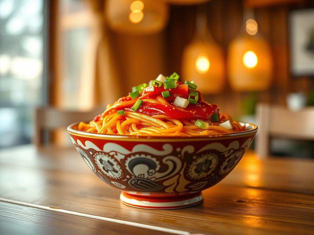 A realistic high-resolution photo of a delicious bowl of Buldak noodles, showcasing vibrant red spicy sauce coating the noodles, topped with green onions and sesame seeds. The bowl should be placed on a wooden table with a cozy atmosphere, soft lighting, and warm golden hues, creating an inviting ambiance. The background should be blurred to emphasize the noodles, making it the focal point of the image.