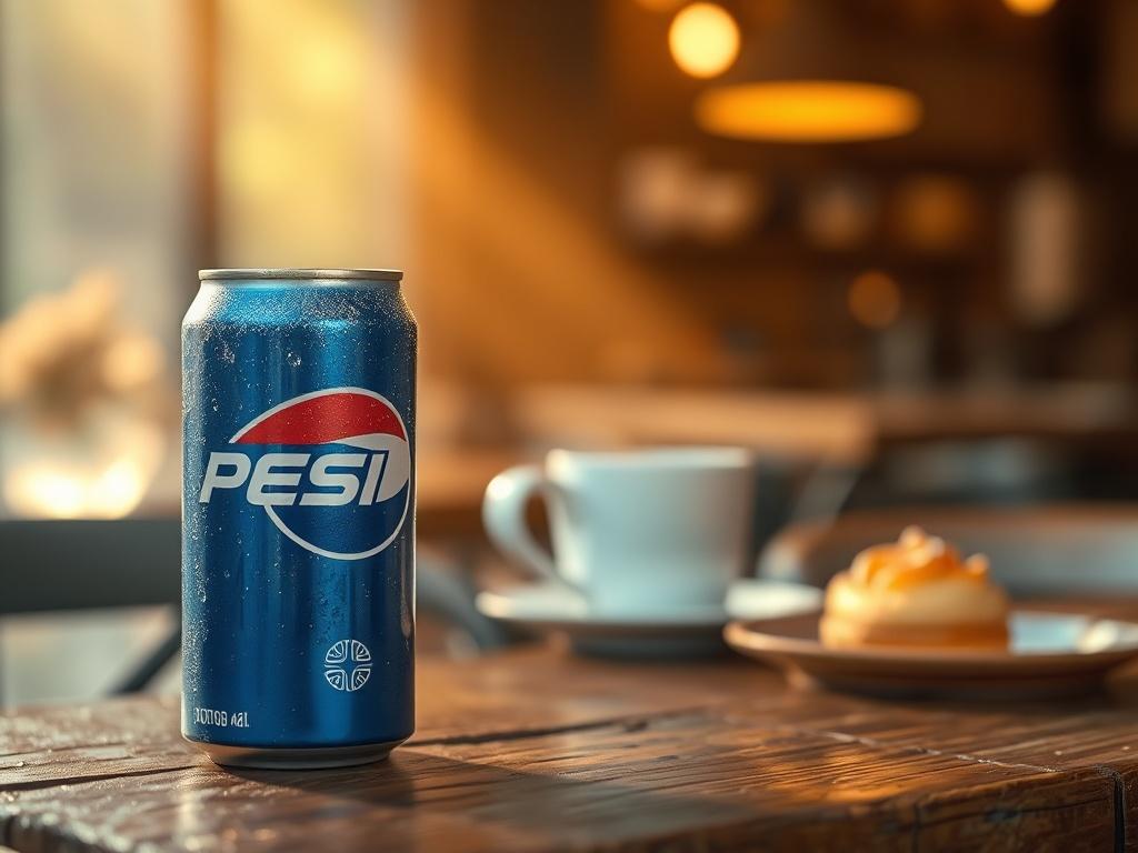 A realistic high-resolution photo of a chilled Pepsi can with condensation on it, placed on a rustic wooden table. The background features soft golden lighting and a cozy atmosphere with blurred café elements, such as a coffee cup and a pastry, creating a warm and inviting scene.