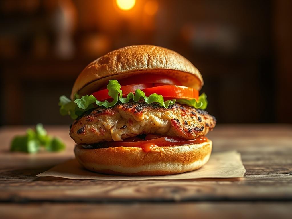 A realistic high-resolution photo of a delicious chicken burger, featuring a perfectly grilled chicken breast, fresh lettuce, slices of ripe tomato, and special sauce, all nestled in a soft toasted bun. The burger should be placed on a wooden table with a soft, warm lighting in the background. The atmosphere should be cozy and inviting, highlighting the burger as the main subject, with a serene ambiance.