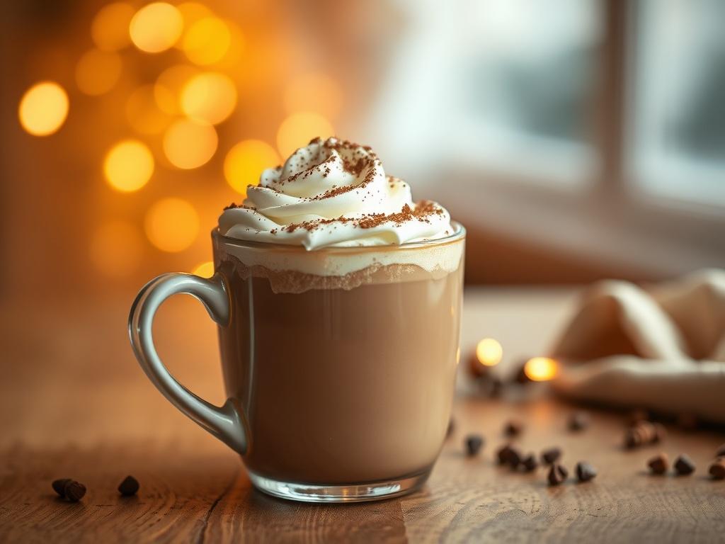 A warm cup of rich hot chocolate topped with fluffy whipped cream and a sprinkle of cocoa, placed on a wooden table. The background features soft, golden hues with cozy lighting creating a serene atmosphere. The focus is on the cup, emphasizing the creamy texture and inviting appearance of the hot chocolate.