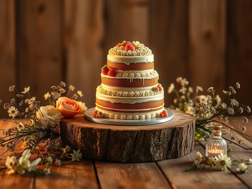 A beautifully decorated custom cake on a rustic wooden table, surrounded by delicate floral arrangements. The cake features multiple layers with intricate icing designs and colorful edible decorations. Soft golden lighting enhances the serene atmosphere, making the cake the focal point of the image. The background is softly blurred to emphasize the cake, creating a cozy and inviting scene.