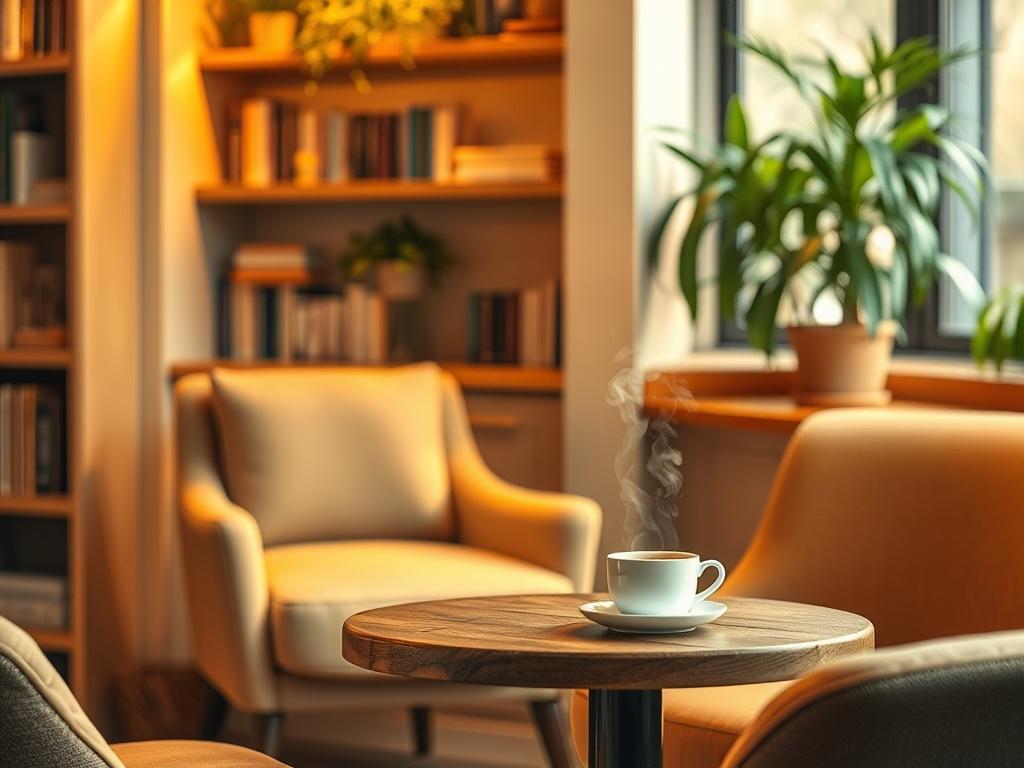 A cozy cafe interior with soft lighting and golden hues,