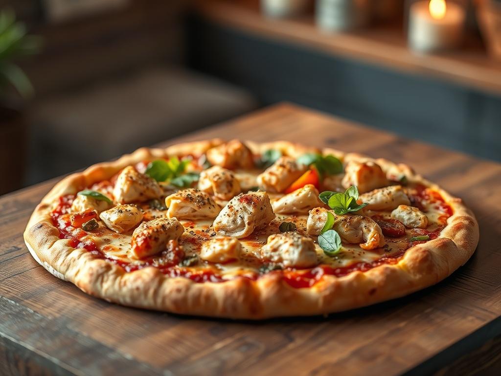 A realistic high-resolution photo of a large chicken pizza, placed on a rustic wooden table. The pizza is topped with juicy pieces of seasoned chicken, melted cheese, and vibrant vegetables, with a golden crust. The lighting is warm and soft, creating a cozy atmosphere. The background is softly blurred to keep the focus on the pizza.