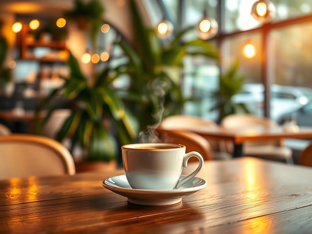 A cozy cafe setting with a single, inviting coffee cup placed on a wooden table. Soft golden hues illuminate the warm atmosphere, with a blurred background of a serene cafe filled with lush green plants and gentle lighting. The focus is on the coffee cup, showcasing steam rising from it, inviting viewers to enjoy the moment.