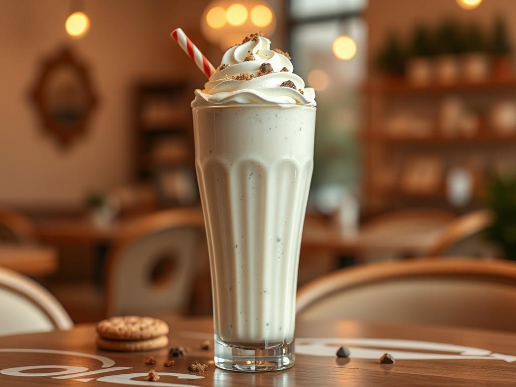A realistic high-resolution photo of a Cookie Milkshake served in a tall glass, topped with whipped cream and cookie crumbles. The background features a cozy cafe setting with soft golden hues and warm lighting, creating a serene atmosphere. The glass should be the focal point, showcasing the creamy texture and cookie bits, while the cafe environment adds a welcoming touch.