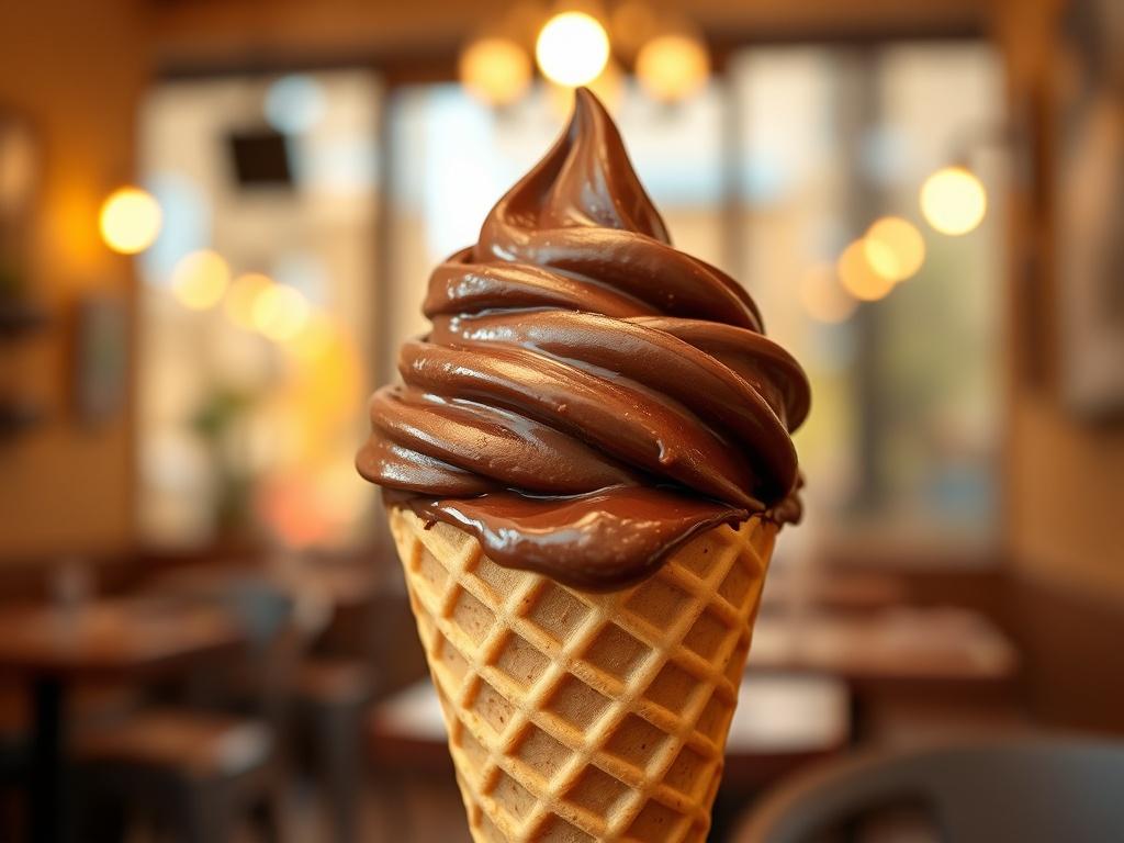 A realistic high-resolution photo of a single scoop of rich chocolate ice cream in a classic waffle cone. The ice cream is glossy and perfectly rounded, sitting atop the cone, with a soft focus background of a cozy cafe atmosphere featuring warm golden hues and soft lighting. The setting should evoke a serene and inviting feeling, enhancing the appeal of the delicious ice cream.