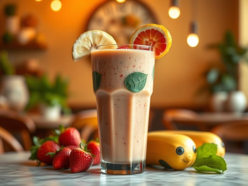 A realistic high-resolution photo of a vibrant smoothie in a glass, filled with fresh fruits like strawberries, bananas, and spinach. The smoothie should have a creamy texture and be garnished with a slice of fruit on the rim. The background should be a cozy cafe setting with warm, golden hues and soft lighting, creating a serene and inviting atmosphere. The composition should be simple and clear, focusing solely on the smoothie.