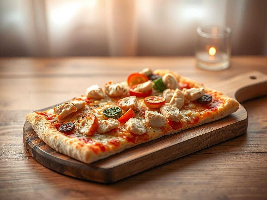 A realistic high-resolution photo of a single slice of chicken pizza on a wooden board. The pizza is topped with generous pieces of tender chicken, melted cheese, and vibrant vegetables, showcasing a golden crust. The background features a soft, warm atmosphere with cozy lighting, enhancing the inviting feel of the scene. The overall composition is simple, focusing solely on the delicious slice of pizza.
