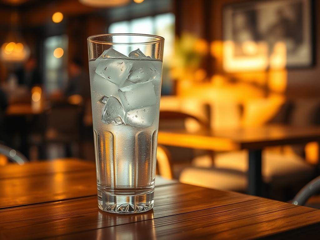 A high-resolution image of a clear glass of water filled with ice, sitting on a wooden cafe table. Soft golden lighting creates a serene atmosphere, highlighting the purity of the water. In the background, there are blurred hints of a cozy cafe setting with warm tones, inviting ambiance, and comfortable seating.