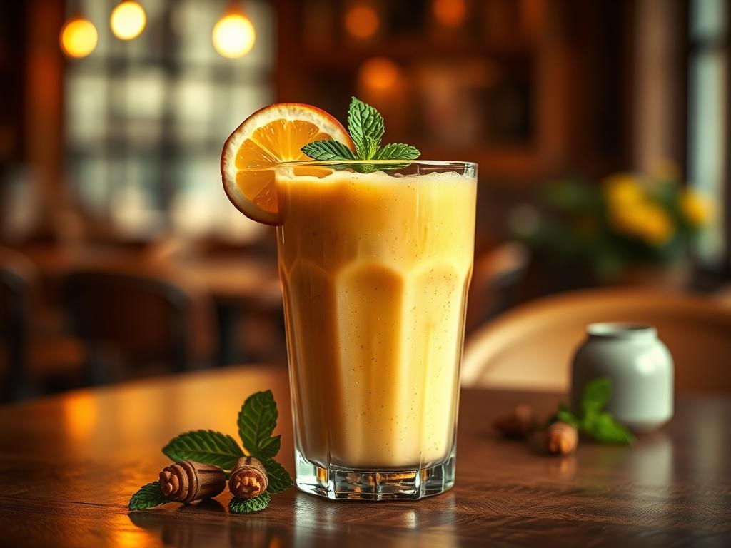 A realistic high-resolution photo of a Honey Smoothie in a clear glass, garnished with a slice of fresh fruit and a sprig of mint. The smoothie has a creamy texture and a golden hue, reflecting its honey content. The background features a soft-focused cozy café setting with warm golden lighting, creating a serene atmosphere.
