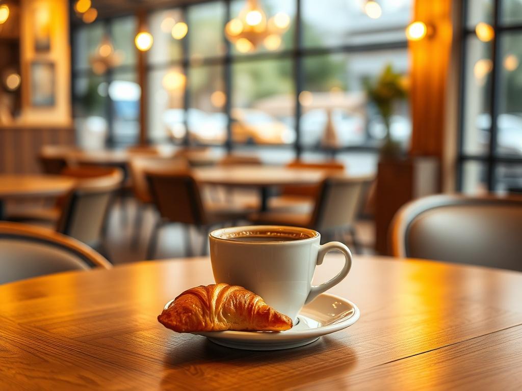A cozy cafe setting with warm, golden lighting and soft ambiance. A single, inviting coffee cup sits on a wooden table, surrounded by a delicate pastry. The background features a softly blurred view of the cafe's interior, showcasing comfortable seating and a serene atmosphere. The colors should evoke a sense of warmth and relaxation, emphasizing the inviting nature of the cafe.