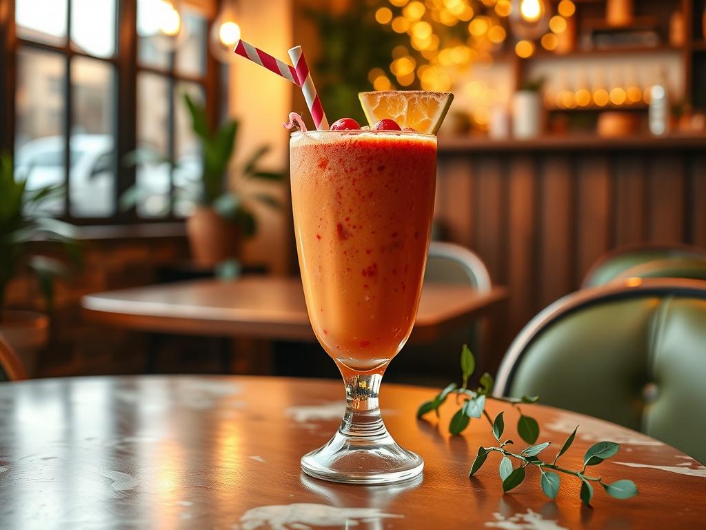 A realistic high-resolution photo of a vibrant, colorful smoothie served in a quirky glass with fun decorations like a silly straw and playful garnishes, set on a cozy café table. The background should feature soft, golden lighting that creates a warm and inviting atmosphere, with hints of greenery in the decor to enhance the cheerful vibe.
