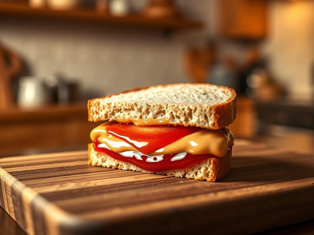 A realistic high-resolution photo of a peanut butter jelly sandwich on a wooden cutting board. The sandwich is cut diagonally, revealing its creamy peanut butter and vibrant jelly filling. The background features a softly lit kitchen with warm, golden hues, creating a cozy and inviting atmosphere. Soft shadows enhance the texture of the bread and the richness of the peanut butter and jelly.